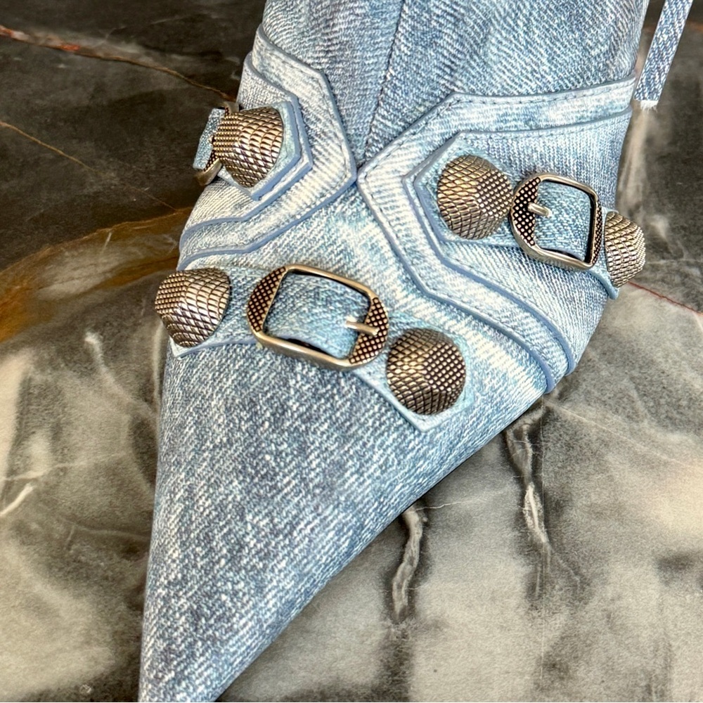 NIB $2600 BALENCIAGA Cagole blue denim leather 771231 stud moto tall boots 41/11 - Picture 4 of 16
